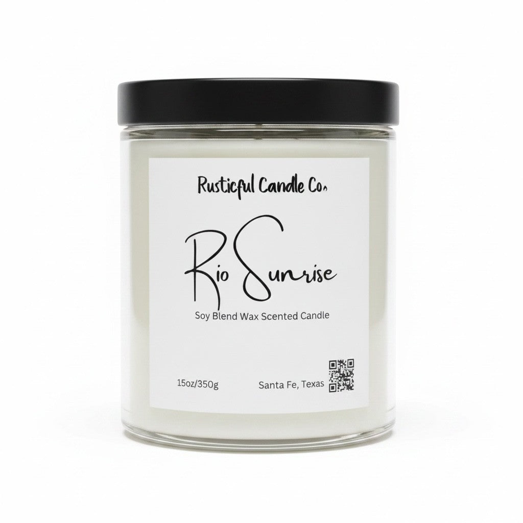Candle jar with 'Rio Sunrise' label on a white background