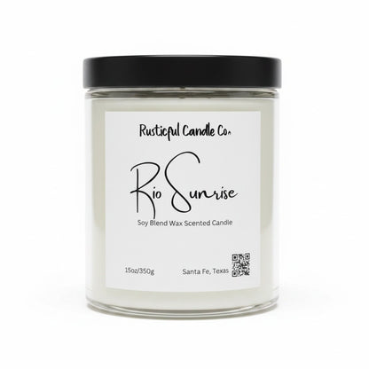 Candle jar with 'Rio Sunrise' label on a white background