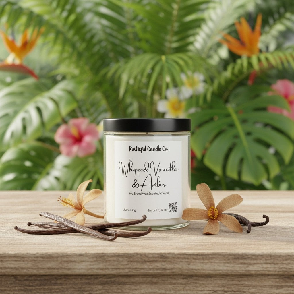 Candle with vanilla beans and flowers on a wooden surface with a tropical plant background